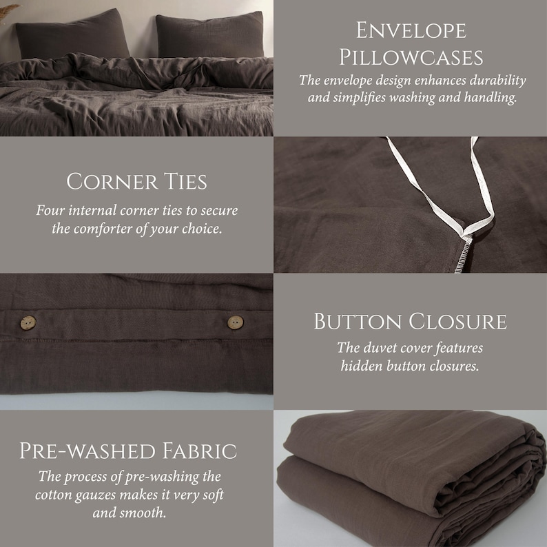 May include: A dark brown bed set with pillowcases, a duvet cover, and close-ups of features. The image highlights corner ties, button closures, and pre-washed fabric. The text describes the envelope pillowcases and the soft, smooth cotton gauzes.