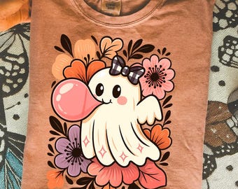 Floral Pink Ghost Halloween Png, Cute Ghost Blowing Bubble Png, Spooky Season Png, Pastel Halloween Sublimation, Boho Pumpkin Shirt Design