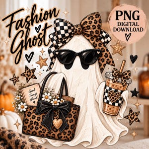Peut inclure: Une illustration de fantôme blanc portant des lunettes de soleil noires et un grand nœud à motif léopard et damier. Le fantôme tient un sac à main léopard avec un nœud noir et un café avec un cœur léopard, entouré d'étoiles dorées et de texte.