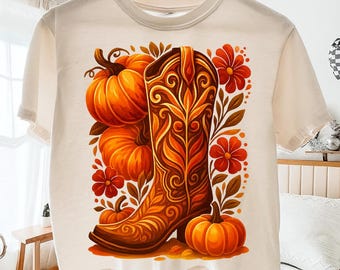Western herfst cowboylaars PNG, boho cowgirl herfst sublimatieontwerp, bloemen herfst pompoen PNG, Howdy pompoen PNG, cowgirl herfst shirt ontwerp