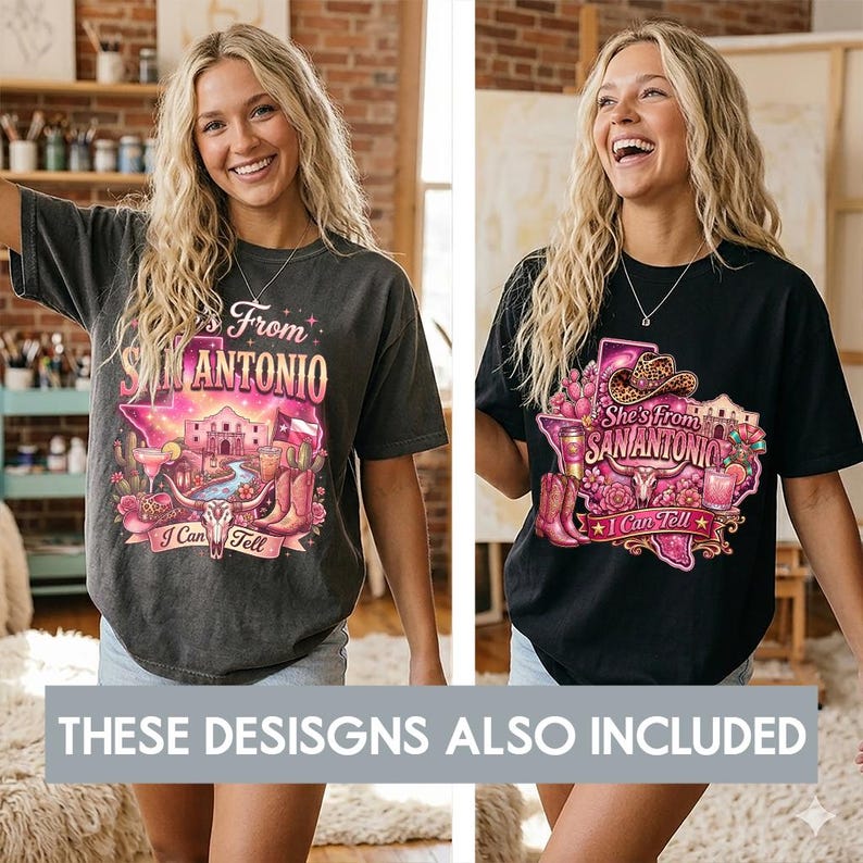 May include: Two t-shirts with the text "She's From San Antonio I Can Tell". One shirt is dark gray with a pink and purple graphic of the Alamo, boots, and cocktails. The other shirt is black with a pink graphic of a cowboy hat, boots, and a longhorn.