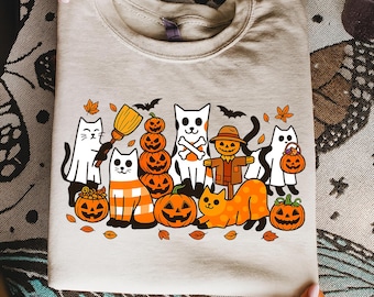 Svart katt Halloween png, spökkatt png, halloween png, halloween kattskjorta, höst png, retro halloween png, läskig säsong png, rolig halloween