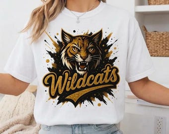 Zwart-gouden Wildcats T-shirt, Wildcats shirt, zwart-gouden schoolshirt, unisex Wildcats shirt, sportteam top met graphic, outfit voor wedstrijddagen