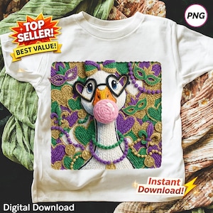 May include: White t-shirt with a goose design wearing glasses and blowing a bubblegum bubble. The design incorporates Mardi Gras colours and symbols. Text on the shirt includes "Instant Download!" and "Digital Download".