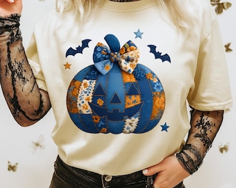 Retro Halloween Pumpkin Patchwork Png, Trendy Blue Denim Patchwork Pumpkin Png, Fall Pumpkin Cartoon Face Png, Spooky Season Png