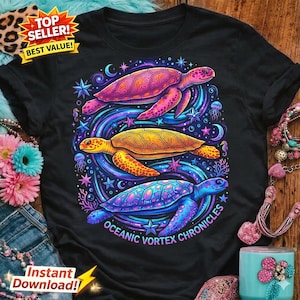 May include: Black t-shirt featuring a vibrant graphic of three colorful sea turtles with swirling water patterns, stars, and jellyfish. The text "Oceanic Vortex Chronicles" is displayed below the turtles. The shirt has a crew neck.