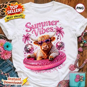 Summer Vibes Highland Cow PNG: Rhinestone Glam Pool Float Sublimation Design, Bling Digital Download