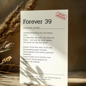 Digitale kaart Forever 39 grappig | Grappige verjaardagskaart om af te drukken | Cadeau-idee voor degenen die consequent 40 negeren