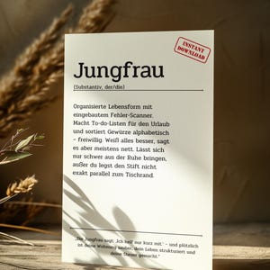 Digitale Karte Jungfrau lustige Sternzeichen Definition | Witzige Sprüchekarte zum Ausdrucken | Horoskop Geschenkidee als PNG, PDF od Poster
