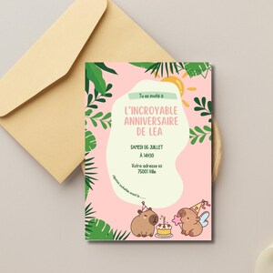 Invitation anniversaire enfant capybara personnalisée - format A6 - Thème animal mignon kawaii - Modèle digital imprimable