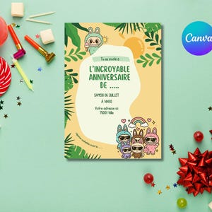 Carte d’anniversaire Labubu – Personnalisable sur Canva – à imprimer – Carte enfant mixte