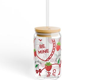 Printed glass sweet cup with motif | Drinking glass with bamboo lid & straw