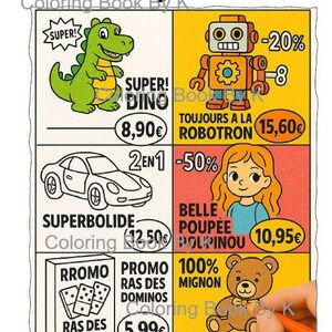 Peut inclure: Prospectus d'un livre de coloriages avec des illustrations de dinosaure, robot, voiture, poupée, dominos et ours en peluche. Le texte comprend "Livre de coloriages Prospectus" et des prix en euros.