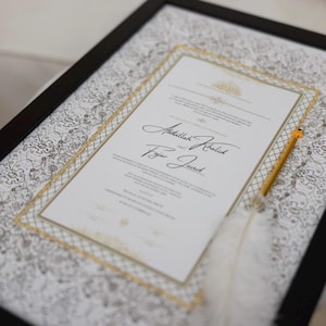 Elegante contrato Nikkah personalizado con bolígrafo y borde dorado / Certificado de matrimonio islámico / Diseño NikkahNama personalizado