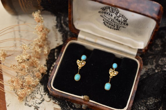 Victorian Turquoise Seed Pearl Earrings | 15ct Gold Floral Drops