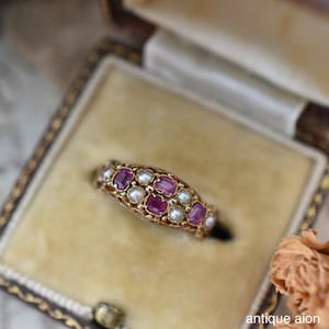 Antique Victorian 1874 18ct Gold Old Cut Ruby Seed Pearl Ring