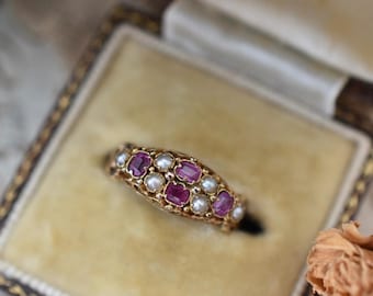 Antique Victorian 1874 18ct Gold Old Cut Ruby Seed Pearl Ring
