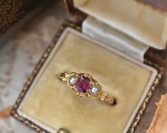 Antique Victorian 15ct Gold Rhodolite Garnet Seed Pearl Ring
