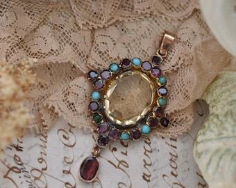 Georgian Natural Turquoise Garnet & Rock Crystal Pendant Early 19th Century  Gold Alloy