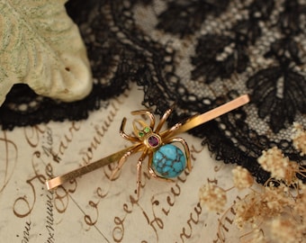 Edwardian Spider Brooch in 9ct Gold with Ruby, Garnet & Turquoise – Antique Insect Jewelry, c.1900s