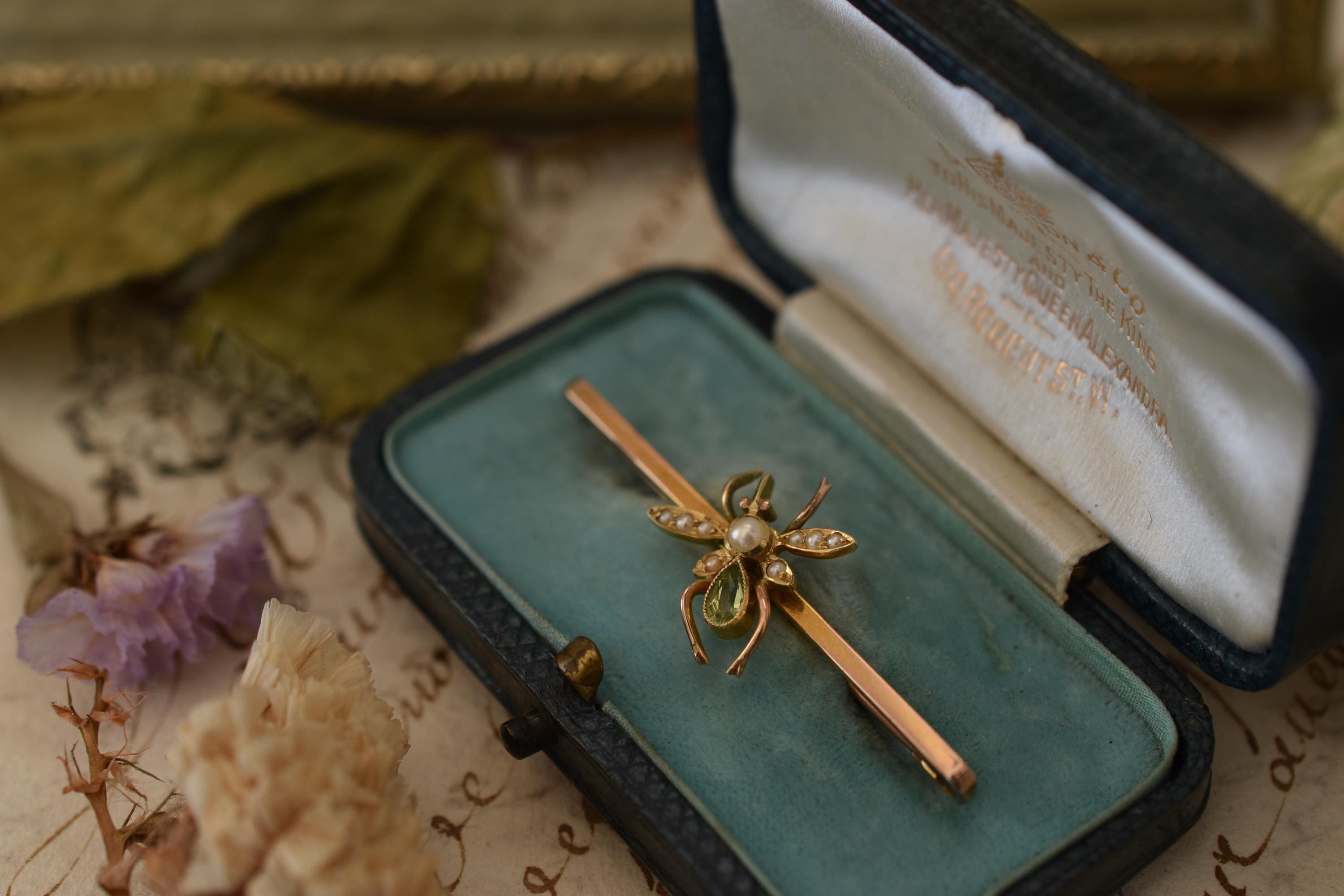 Edwardian 15ct Gold Insect Brooch | Circa 1910 | Natural Peridot & Seed Pearls | Antique British Bar Brooch