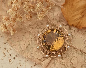 1959 Vintage 9ct Gold Brooch with Natural Citrine & Seed Pearls – Edinburgh Hallmark