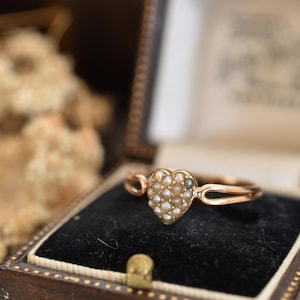 Victorian 15ct Rose Gold Natural Seed Pearl Heart Ring | Antique English c.1880 | Hallmarked