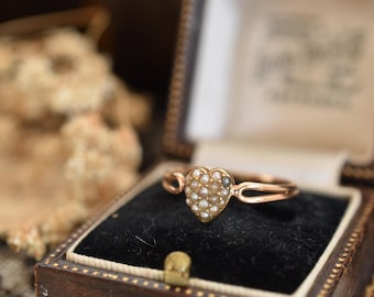 Victorian 15ct Rose Gold Natural Seed Pearl Heart Ring | Antique English c.1880 | Hallmarked