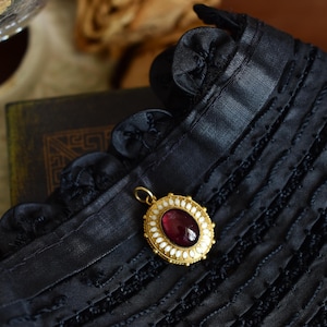Victorian 15ct Gold Garnet Pendant | Antique 1880s Locket with White Enamel & Granulation