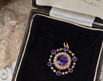Antique 15ct Gold Amethyst Seed Pearl Pendant | Murrle Bennett & Co c.1890–1910