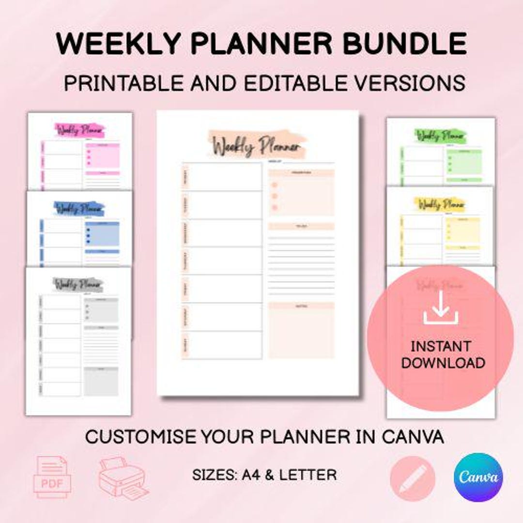 Weekly Planner Template | Editable Canva Template | A4 & US Letter ...