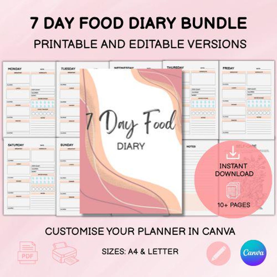 7 Day Food Diary Template | Editable Canva Journal | A4 and US Letter ...