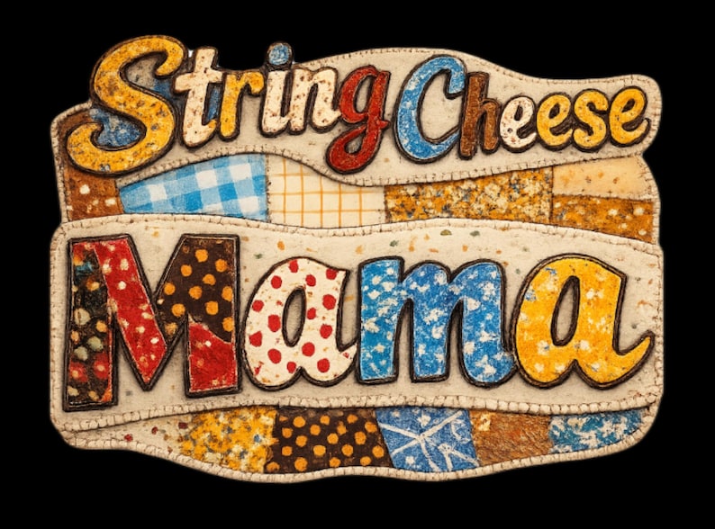 May include: A decorative sign with the words "String Cheese Mama" in colorful, textured lettering. The sign has a patchwork design with various patterns and colors, including polka dots, gingham, and floral prints. The background is black.