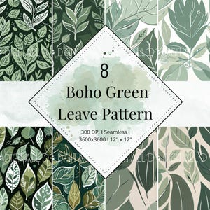 8 Seamless Sage Green Leaf Patterns – Watercolor Digital Paper Pack with Laurel & Minimalist Foliage