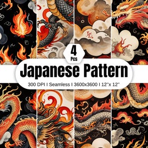 Oriental Dragon Digital Paper Pack – 4 Seamless Asian-Inspired Backgrounds | Chinoiserie & Printable Scrapbook Papers (PNG)