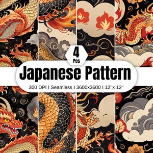 Asian Dragon Digital Paper Pack – 4 Seamless Chinoiserie Patterns | Oriental Scrapbook & Printable Backgrounds | PNG Download