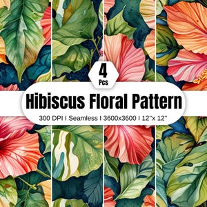 Hibiscus Tropical Floral Digital Paper – 4 Seamless Watercolor Flower Backgrounds | Summer Scrapbook & Design Pack (PNG)