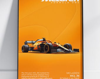 McLaren F1 Poster MCL36, Papaya Formula 1 Wall Art, Motorsport Racing Car Print Decor