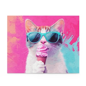 Cool Cat Eating Ice Cream Puzzle Summer Cartoon Style
