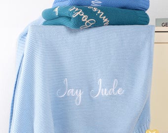 Manta de bebé de punto de algodón orgánico personalizada - Nombre bordado personalizado