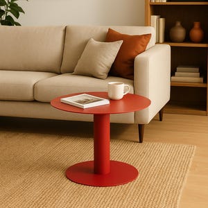 Könnte beinhalten: Ein modernes Wohnzimmer mit einem roten Beistelltisch, ca. 40 cm Durchmesser, und einem beigen Sofa. Kissen in Beige- und Rosttönen ergänzen das Bild. Eine weiße Tasse und ein Buch liegen auf dem Tisch.