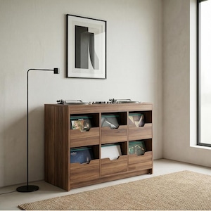 May include: A wooden record storage cabinet with six compartments, each holding vinyl records. Two turntables sit on top. The cabinet is brown and sits on a beige rug. A black floor lamp and a framed abstract art piece are in the background.