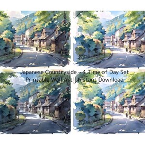 以下が含まれることがあります： 日本の田園風景を描いた、水彩画のアートプリント4枚セット。伝統的な家々が並ぶ村を縫うように走る道が描かれ、緑豊かな木々や丘に囲まれています。テキストには「Japanese Countryside - 4 Time of Day Set Printable Wall Art | Instant Download」と書かれています。