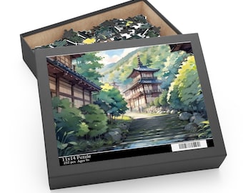 May include: A black puzzle box featuring a Japanese temple scene. The image depicts a pagoda, stone steps, and verdant foliage. The box is labelled "11x14 Puzzle" with "252 pcs Ages 9+". The puzzle measures 28 x 36 cm.