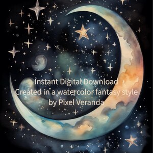 Moonlit Dreams Sample – Watercolor Crescent Moon Fantasy Art (1 Digital PNG File)