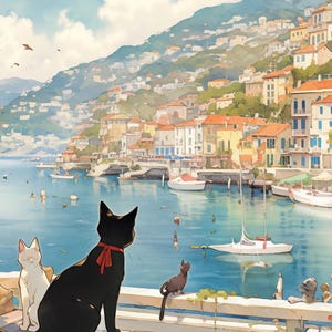 以下が含まれることがあります： 水彩画。カラフルな建物と水上のボートがある海辺の町。前景には3匹の猫がおり、赤い首輪の黒猫、白猫、茶色の猫。このシーンは静けさを感じさせます。