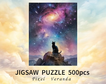 Christmas Galaxy Cat Puzzle 500 Pieces | Watercolor Fantasy Night Sky Jigsaw Free Shipping to U.S. | Relaxing Nighttime Jigsaw Gift