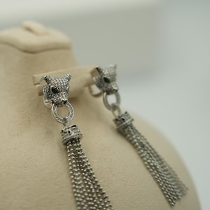 Panther earrings panther tassel earrings 925 silver 18k gold plated post back leopard earrings