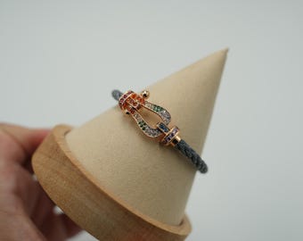 Lucky horseshoe force bangle cord bracelet cz 925 silver 18k rose gold plated