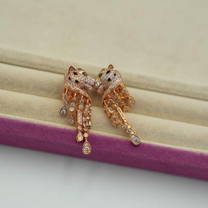 Panther earrings panther tassel earrings 925 silver 18k rose gold plated post back leopard earrings